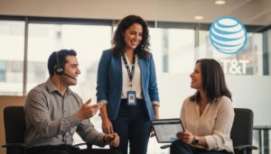 Empleados mexicanos sonrientes en oficina de AT&T mostrando ambiente de trabajo estable y oportunidades de crecimiento