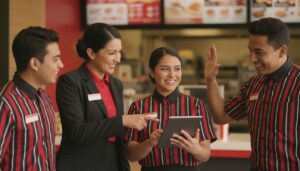 Empleados mexicanos sonrientes en uniforme dentro de un restaurante Burger King mostrando un ambiente de trabajo inclusivo y oportunidades de crecimiento