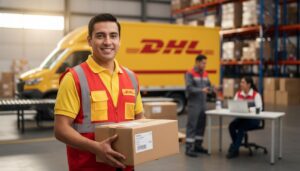Empleado de DHL con rasgos mexicanos sonríe en un almacén sosteniendo una caja, con compañeros y un camión de DHL al fondo