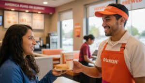 Empleado mexicano de Dunkin Donuts sonriendo y entregando café y dona a un cliente dentro de la tienda mostrando un ambiente de trabajo con oportunidades de crecimiento
