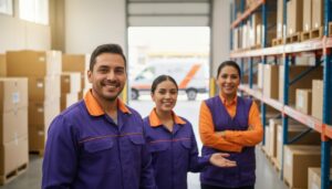 Trabajadores mexicanos de logística sonríen en un almacén frente a un camión y cajas, mostrando un ambiente de trabajo estable y oportunidades de crecimiento