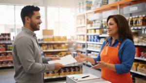 Persona mexicana entregando su solicitud a un empleado con delantal naranja dentro de una tienda de mejoras para el hogar en un ambiente amigable