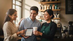 Empleados mexicanos de Starbucks en uniforme verde ayudan a un candidato con una tablet dentro de la cafetería, mostrando un ambiente de trabajo amable y profesional