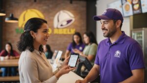 Persona mexicana entregando solicitud a empleado de Taco Bell dentro del restaurante, ambos sonrientes y profesionales