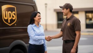 Candidato mexicano entregando su solicitud a un repartidor de UPS frente a un camión de la empresa