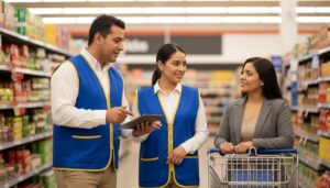 Empleados mexicanos en tienda de Walmart con chalecos azules ayudando a un cliente en el pasillo