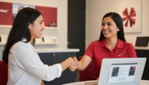 Persona con rasgos mexicanos recibiendo atención de un reclutador en una tienda de Verizon con colores rojos y ambiente profesional