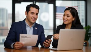 Persona mexicana con currículum y portátil buscando trabajo estable en Estados Unidos