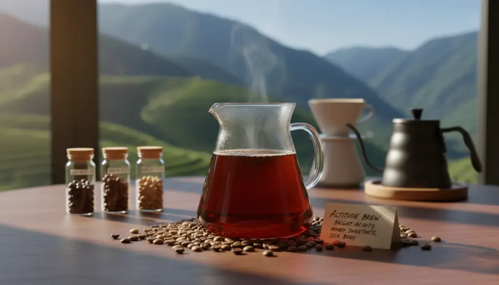 A beautifully arranged coffee brew setup showcasing the effects of altitude on acidity, sweetness, and body. In the foreground, a glass coffee carafe filled with a steaming, rich brown brew, highlighting a glossy surface reflecting light. Surround the carafe with coffee beans of various data-sizes and shades, some slightly glistening with oils. In the middle ground, an elegant table made of dark wood, subtly illuminated by soft, warm lighting to evoke a cozy atmosphere. Behind, a blurred mountainous landscape with lush green hills and a clear blue sky, suggesting high altitudes where coffee is grown. The composition should have a warm, inviting mood, inviting viewers to explore the intricacies of coffee flavors. Use a shallow depth of field to focus on the brew, making it the central element of the illustration.