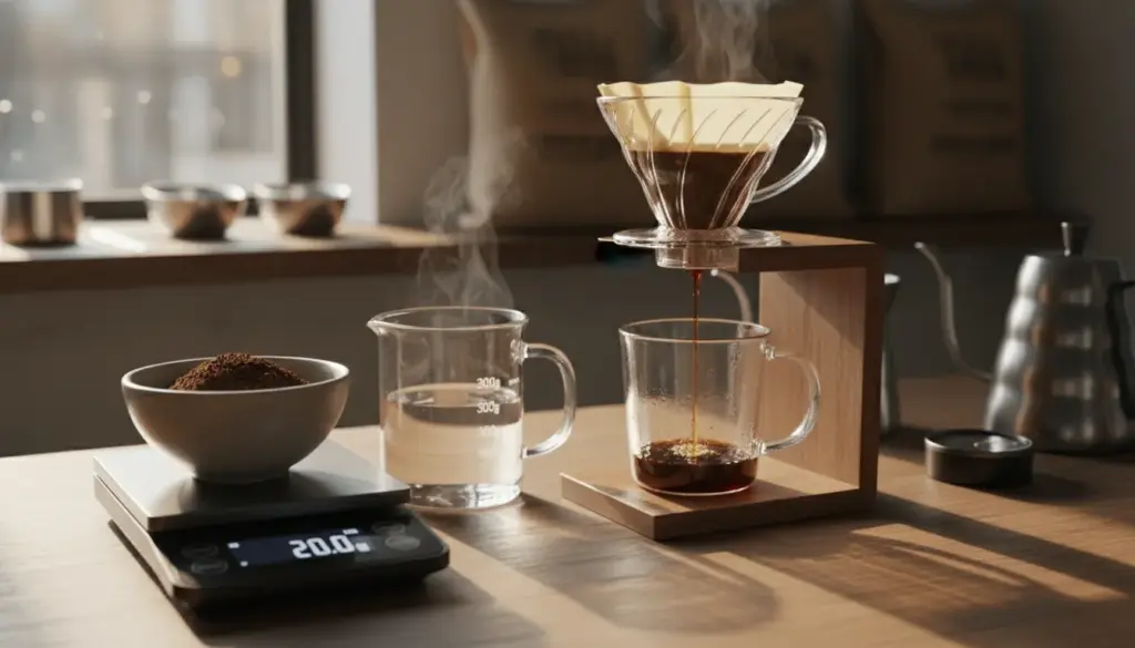 A beautifully arranged coffee brewing setup showcasing the concept of brew ratio. In the foreground, a precise coffee scale displays a bowl filled with freshly ground coffee beans beside a glass vessel filled with hot water, illustrating the careful measurement process. In the middle ground, a stylish pour-over coffee maker elegantly drips into a clean, clear cup, highlighting the brewing process. Ambient light from a nearby window bathes the scene in warm, inviting tones, creating a cozy atmosphere. The background features blurred coffee bags and measuring tools, emphasizing a dedicated brewing space. The angle is slightly above eye level, providing a clear view of the brewing action while maintaining a professional and refined aesthetic. The image should evoke a sense of calm and precision in the art of coffee making, perfect for illustrating the importance of brew ratio.