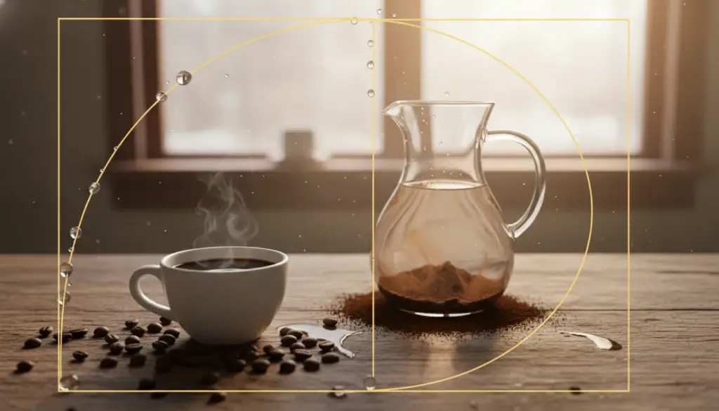 A beautifully arranged coffee setup illustrating the "golden ratio" in brewing. In the foreground, a freshly brewed cup of coffee sits on a wooden table, with water and coffee beans artfully positioned using the golden spiral for visual harmony. In the middle, a delicate glass pitcher holds water, reflecting light, with coffee grounds artfully arranged around it. The background features a softly blurred café interior, with warm sunlight streaming in through large windows, creating a cozy atmosphere. Utilize soft, natural lighting to enhance the scene, capturing the clarity of the liquid and the textures of the coffee beans. The angle should be slightly overhead, emphasizing the placement according to the golden ratio, evoking a sense of balance and serenity.