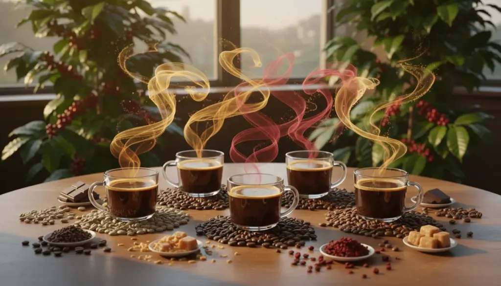A beautifully arranged coffee tasting scene focused on a variety of coffee beans and brewed cups, capturing the intricate aftertaste experience. In the foreground, a wooden table showcases various coffee cups, each filled with rich, dark coffee, surrounded by scattered coffee beans. In the middle ground, delicate flavors are illustrated through vibrant representations of chocolate, caramel, and fruity notes, subtly blending into the ambiance. The background features soft-focus coffee plants and ripe cherries, emphasizing the origins of the flavors. Gentle, warm sunlight filters through, creating an inviting atmosphere and casting soft shadows. The composition is shot from a slightly elevated angle, giving depth while maintaining a cozy, aromatic mood, inviting the viewer to explore the lingering essence of coffee aftertaste.