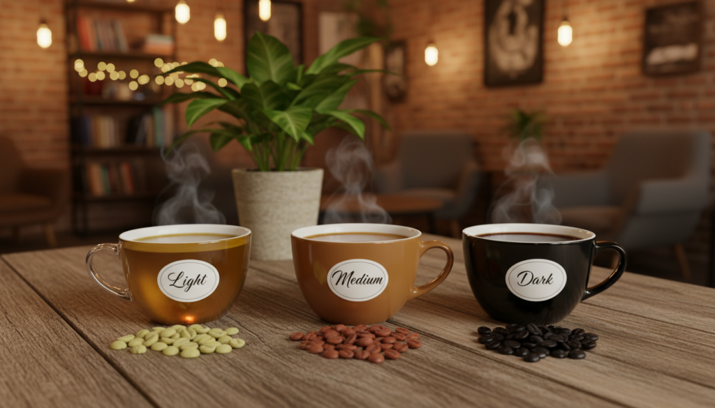 A beautifully arranged coffee tasting scene showcasing different roasts from the same brand. In the foreground, a wooden table holds three distinct coffee cups, each representing a different roast level: light, medium, and dark. The cups are filled with freshly brewed coffee, showcasing varied colors: a pale golden hue, a rich brown, and a deep, dark brew. In the middle ground, a vibrant green plant adds freshness, while various coffee beans of differing roast levels are scattered around the base of the cups. The background features a cozy café environment with warm, soft lighting that highlights the textures of the table and the cups. Use a shallow depth of field to draw attention to the coffee cups, creating an inviting and warm atmosphere, perfect for a coffee enthusiast's exploration of batch variation and roast differences.