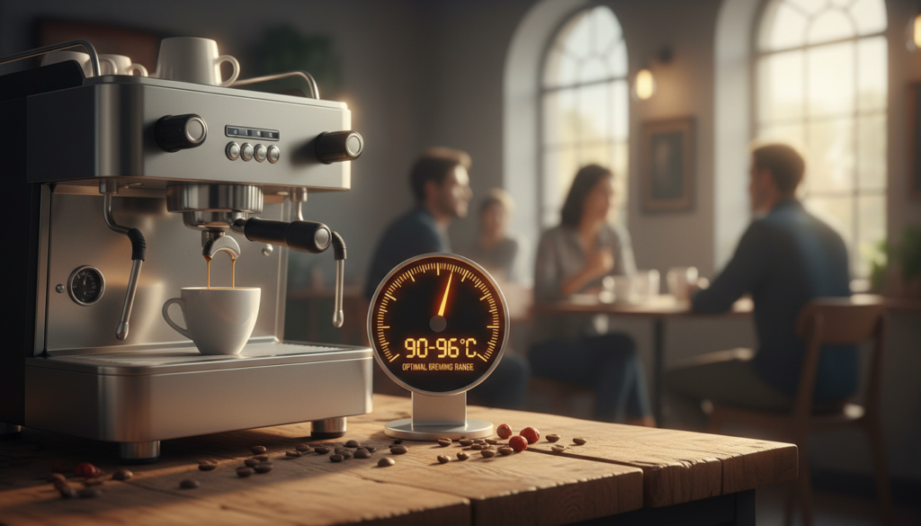 A beautifully arranged espresso setup showcasing the ideal espresso water temperature range for perfect brewing. In the foreground, a sleek, modern espresso machine with gleaming stainless steel elements is pouring rich, dark espresso into a delicate porcelain cup. In the middle, a precise thermometer prominently displays the optimal water temperature, glowing softly in warm light. Surrounding the setup are artfully placed coffee beans and a rustic wooden table, adding texture and warmth. In the background, a softly blurred café scene reveals patrons engaged in conversation, with natural light filtering through large windows, creating a cozy and inviting atmosphere. The overall mood is warm and sophisticated, emphasizing the craftsmanship of espresso-making in a professional setting.