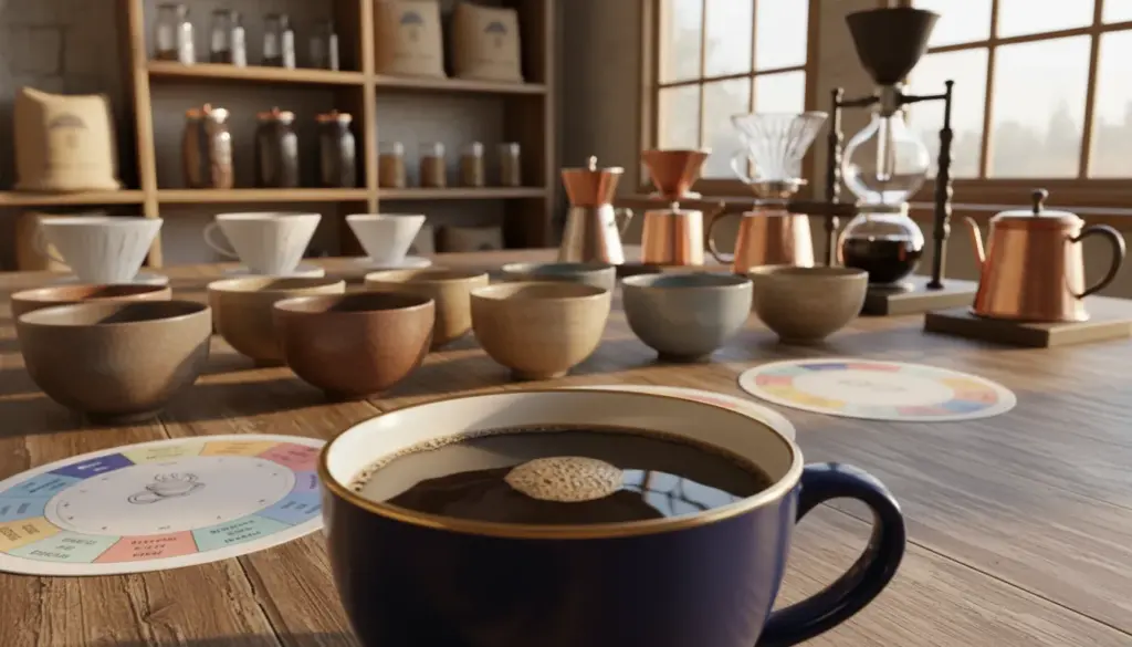 A beautifully crafted coffee cup centered in the foreground, showcasing a rich, velvety coffee with a glossy surface reflecting a soft, warm light. The middle ground features an elegant coffee tasting table, with hand-crafted ceramic cupping bowls and delicate aroma wheel guides subtly blurred to enhance focus on the coffee. In the background, a cozy coffee shop setting with rustic wooden shelves filled with coffee beans and brewing equipment, softly illuminated by golden afternoon sunlight filtering through large windows, creating a warm and inviting atmosphere. The overall mood conveys sophistication and warmth, capturing the essence of coffee clarity and body interplay in a serene, inviting environment.
