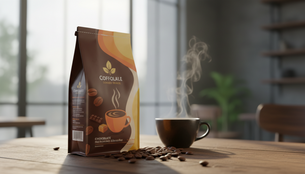 A beautifully designed coffee packaging sits prominently in the foreground, showcasing a modern, eco-friendly design with a matte finish and a vibrant color palette that highlights aromas like chocolate and caramel. The package is partially open, revealing glossy coffee beans that spill out, inviting the viewer to imagine the rich flavors inside. In the middle ground, a rustic wooden table adds warmth, enhancing the artisanal feel while a soft-focus dark coffee cup rests beside the packaging, exuding freshly brewed steam. The background features a blurred café scene with diffused natural light filtering through large windows, creating a warm, inviting atmosphere that emphasizes the importance of freshness in coffee experiences. The overall mood is cozy and enticing, drawing attention to the protective role of high-quality packaging in preserving flavor and aroma.