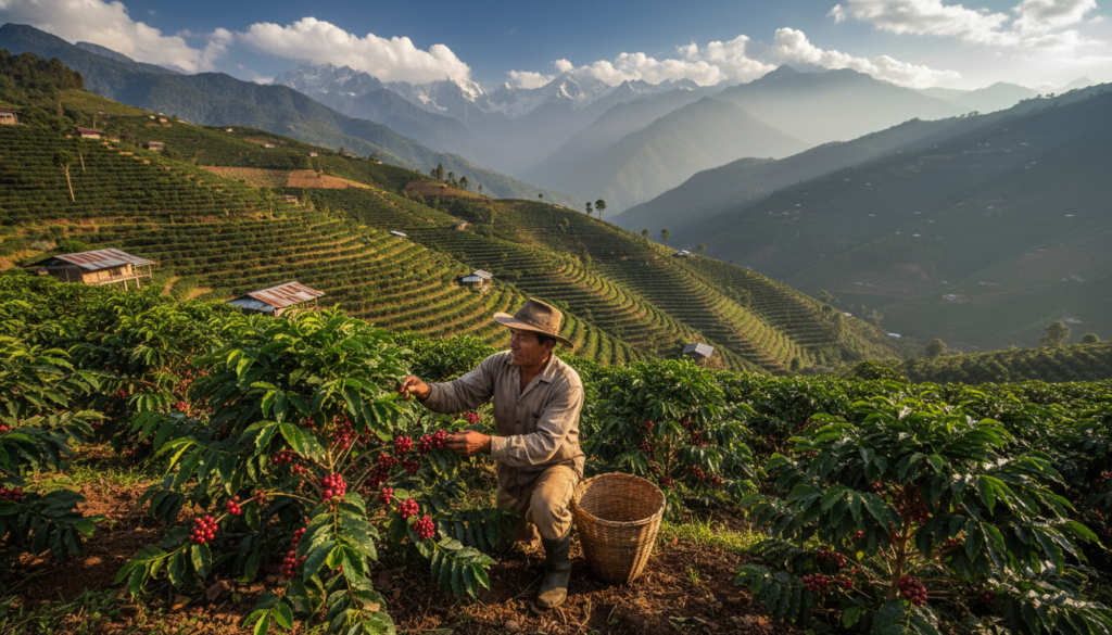 A breathtaking high-altitude coffee farm nestled in the mountains, showcasing lush green coffee plants with ripe cherries ready for harvest. In the foreground, a farmer in modest casual clothing carefully inspects the coffee bushes, emphasizing the connection between altitude and coffee quality. The middle ground features rows of coffee plants cascading down a steep hillside, while in the background, majestic snow-capped peaks rise against a vibrant blue sky dotted with fluffy white clouds. Soft, natural lighting bathes the scene, capturing the richness of the coffee cherries and the verdant foliage. The overall mood is serene and inspiring, highlighting the significance of higher altitudes in coffee cultivation. The perspective is slightly elevated, allowing a panoramic view of the landscape.