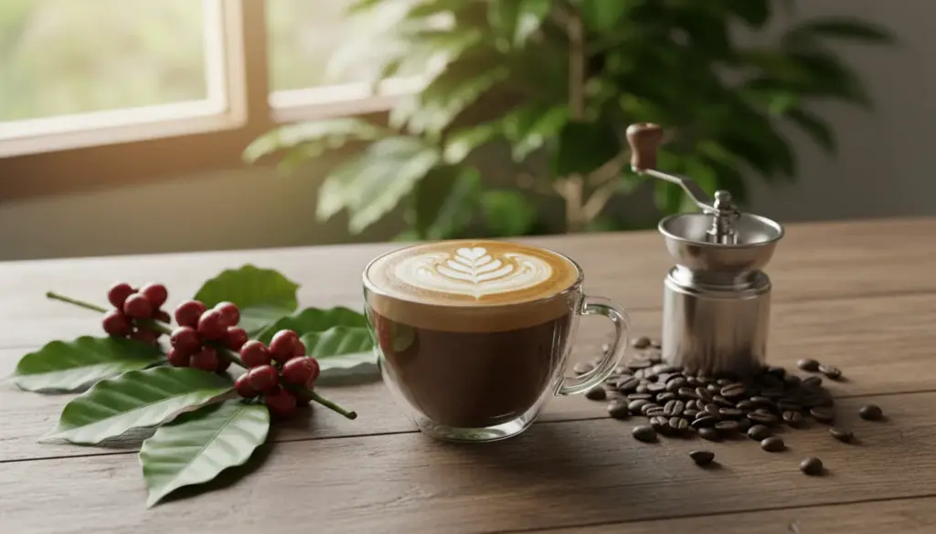 A clean, elegant cup of specialty coffee sits on a wooden table, surrounded by natural elements like green coffee leaves and organic coffee cherries, emphasizing the difference between natural and washed coffee. The foreground features the cup, with intricate latte art delicately swirled into the foamy top, capturing the essence of a clean cup. In the middle, a subtle coffee grinder and an assortment of roasted coffee beans reflect the preparation process. The background includes softly blurred coffee plants bathed in warm, natural light, creating an inviting atmosphere. The photo is taken from a slightly elevated angle to enhance the details of the cup and the surrounding elements, conveying a serene and contemplative mood perfect for coffee enthusiasts.