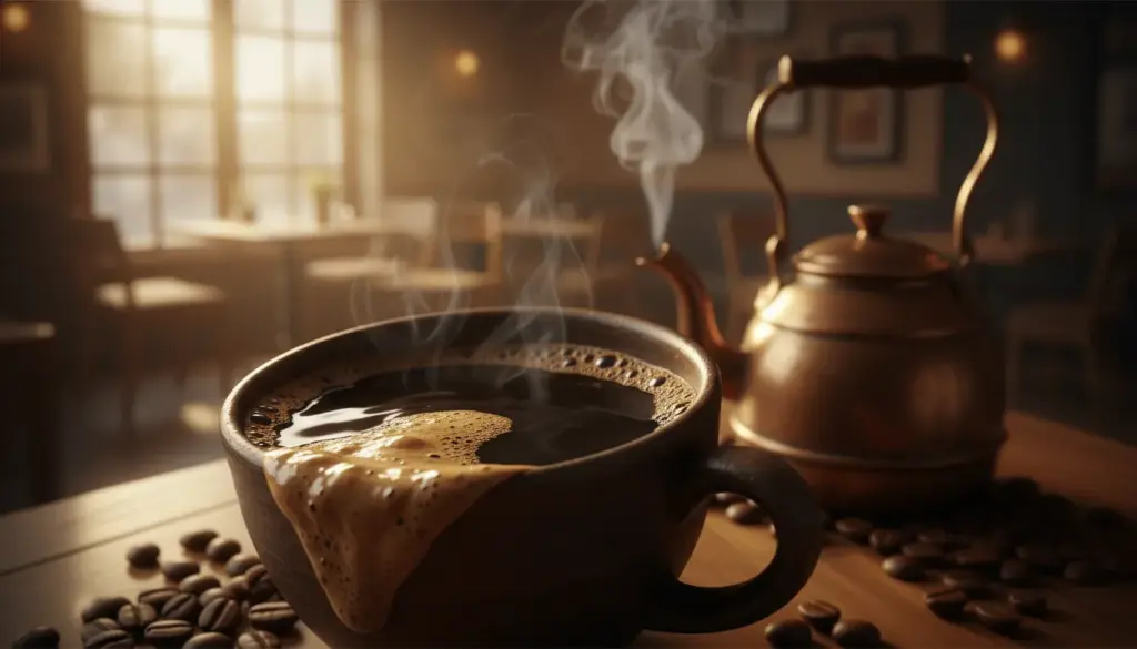 Cup of dark coffee with creamy foam on top, surrounded by coffee beans in a warm café setting.