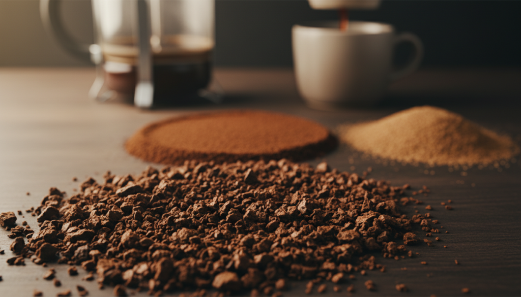 A close-up composition of various coffee grind sizes, showcasing their distinct texture and surface area. In the foreground, display a scattering of coarse coffee grinds, appearing jagged and chunky, juxtaposed with fine, powdery grinds in the middle ground. The background should feature a blurred image of a coffee brewing apparatus, like a French press or pour-over setup, to subtly suggest the brewing process. Use warm, soft lighting to create a cozy atmosphere, highlighting the rich brown hues of the coffee grounds while casting gentle shadows. The lens should focus sharply on the grind, emphasizing the differences in texture and surface area that affect extraction rates. The overall mood should be inviting and educational, perfect for illustrating the nuances of coffee preparation. A close-up composition of various coffee grind sizes, showcasing their distinct texture and surface area. In the foreground, display a scattering of coarse coffee grinds, appearing jagged and chunky, juxtaposed with fine, powdery grinds in the middle ground. The background should feature a blurred image of a coffee brewing apparatus, like a French press or pour-over setup, to subtly suggest the brewing process. Use warm, soft lighting to create a cozy atmosphere, highlighting the rich brown hues of the coffee grounds while casting gentle shadows. The lens should focus sharply on the grind, emphasizing the differences in texture and surface area that affect extraction rates. The overall mood should be inviting and educational, perfect for illustrating the nuances of coffee preparation.