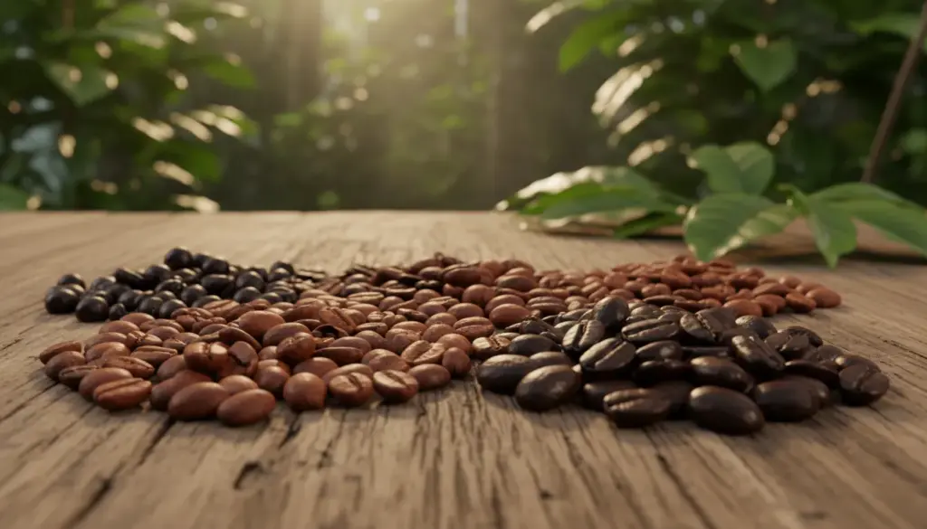 A close-up composition showcasing an array of coffee beans, highlighting their varietal characteristics. In the foreground, a variety of beans including Arabica, Robusta, and Liberica are artfully arranged, displaying distinct shapes, data-sizes, and colors from rich browns to glossy blacks. The middle ground features a softly blurred wooden table, adding a rustic touch, while the background reveals blurred green coffee plant leaves and branches, suggesting their natural habitat. The lighting is warm and soft, mimicking early morning sunlight filtering through leaves, creating an inviting and organic atmosphere. The shot is taken from a low angle to emphasize the beans’ individuality, capturing the essence of the coffee plant genetics and how they influence flavor notes.