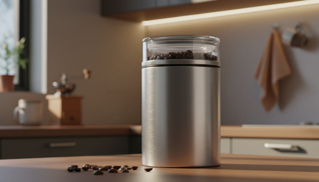 A close-up image of a modern vacuum canister designed for coffee storage, showcasing its sleek, stainless steel body with a clear, airtight lid. The canister should be in the foreground, lit with soft, natural light to highlight its polished surface and subtle reflections. In the middle ground, include a few coffee beans scattered artfully to suggest freshness, while in the background, a cozy kitchen setting with warm, inviting tones creates a homely atmosphere. The composition should emphasize the functionality of the vacuum canister, illustrating its role in preserving coffee flavor, with a focus on clarity and depth of field to draw attention to the canister's design and details. The overall mood should feel warm and welcoming, encouraging a sense of appreciation for coffee storage.