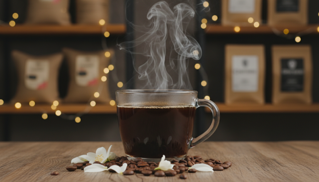 A close-up image of steaming coffee in a clear glass cup, with wisps of aromatic steam rising upward, creating a mesmerizing swirl in the air. In the foreground, the rich, dark coffee displays its surface glistening under soft ambient lighting. In the middle ground, a scattering of coffee beans and delicate floral notes, like jasmine petals, hint at the complex aroma that coffee offers. In the background, blurred shelves of coffee bags add a cozy, inviting coffee shop atmosphere, with warm lighting that enhances the mood of comfort and richness. The angle is slightly top-down, capturing the essence of the aromatic experience, while maintaining a professional and inviting aesthetic.