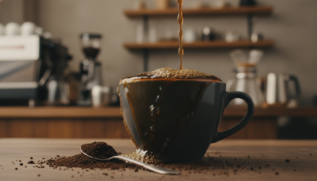 A close-up of a coffee cup overflowing with freshly brewed, dark coffee, the liquid appearing tumultuous and frothy, symbolizing the "aggressive bloom." The coffee should have a glossy sheen, reflecting soft, warm light from above, highlighting its rich, dark color. In the foreground, coffee grounds are scattered artistically around the cup, adding detail and context. The middle ground features a blurred backdrop of a cozy café setting, with subtle hints of coffee equipment and warm wooden textures. Soft lighting creates an inviting atmosphere, while a low-angle shot emphasizes the cup’s overflowing nature, evoking a sense of overwhelming freshness. The mood is intense, showcasing the primal energy of coffee that can turn bitter if brewed too soon.