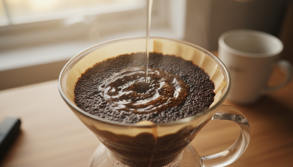 A close-up scene of a coffee bed in a pouring coffee maker, showcasing vibrant coffee grounds with a rich, glossy texture. In the foreground, finely ground coffee particles are suspended in water, visibly swirling and creating a captivating motion, highlighting the agitation process. The middle ground focuses on the brewing mechanism, with steam rising gently, adding a warm ambiance. The background features a softly blurred kitchen setting, with warm, natural light filtering through a window, enhancing the inviting atmosphere. Capture the scene from a slightly elevated angle, allowing a comprehensive view of the coffee bed’s interaction with water, while maintaining a cozy and warm mood.