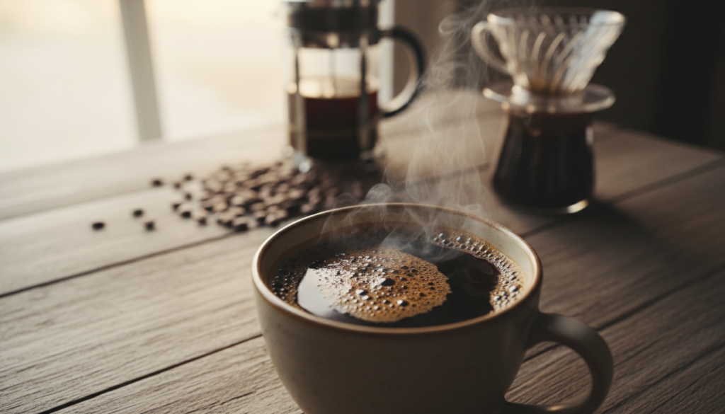 A close-up shot of a steaming cup of coffee sitting on a rustic wooden table. The coffee is dark with a thick layer of foam on top, showcasing its charred, burnt appearance. Light glistens off the surface, casting reflections that enhance the rich, deep brown hues. In the background, blurred coffee beans and brewing equipment hint at the brewing process, creating a cozy and inviting atmosphere. Soft, warm lighting envelops the scene, suggesting a late afternoon sun filtering through a nearby window. The overall mood is one of contemplation, inviting viewers to ponder the complexities of flavor in everyday coffee. A close-up shot of a steaming cup of coffee sitting on a rustic wooden table. The coffee is dark with a thick layer of foam on top, showcasing its charred, burnt appearance. Light glistens off the surface, casting reflections that enhance the rich, deep brown hues. In the background, blurred coffee beans and brewing equipment hint at the brewing process, creating a cozy and inviting atmosphere. Soft, warm lighting envelops the scene, suggesting a late afternoon sun filtering through a nearby window. The overall mood is one of contemplation, inviting viewers to ponder the complexities of flavor in everyday coffee.