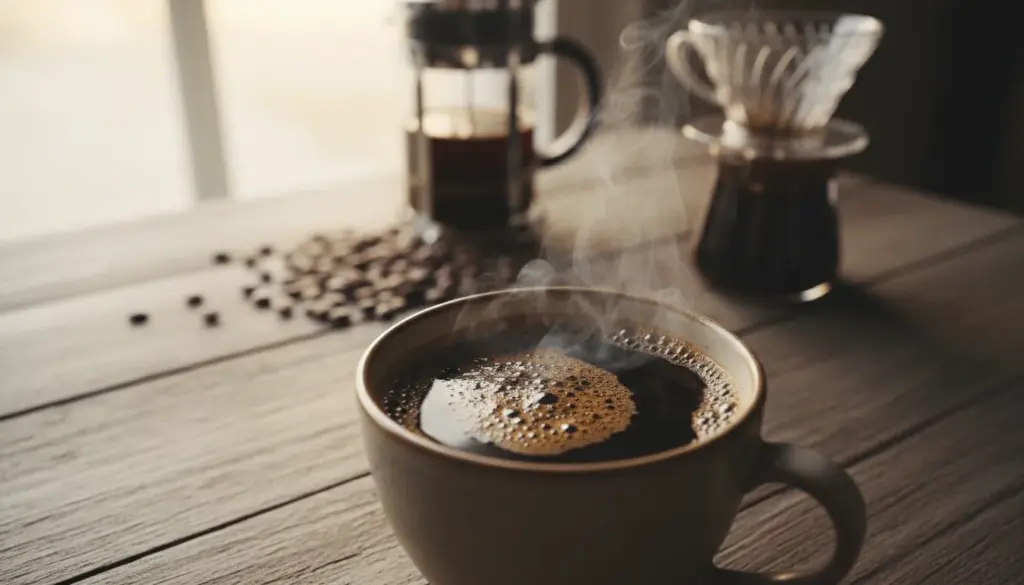 A close-up shot of a steaming cup of coffee sitting on a rustic wooden table. The coffee is dark with a thick layer of foam on top, showcasing its charred, burnt appearance. Light glistens off the surface, casting reflections that enhance the rich, deep brown hues. In the background, blurred coffee beans and brewing equipment hint at the brewing process, creating a cozy and inviting atmosphere. Soft, warm lighting envelops the scene, suggesting a late afternoon sun filtering through a nearby window. The overall mood is one of contemplation, inviting viewers to ponder the complexities of flavor in everyday coffee.