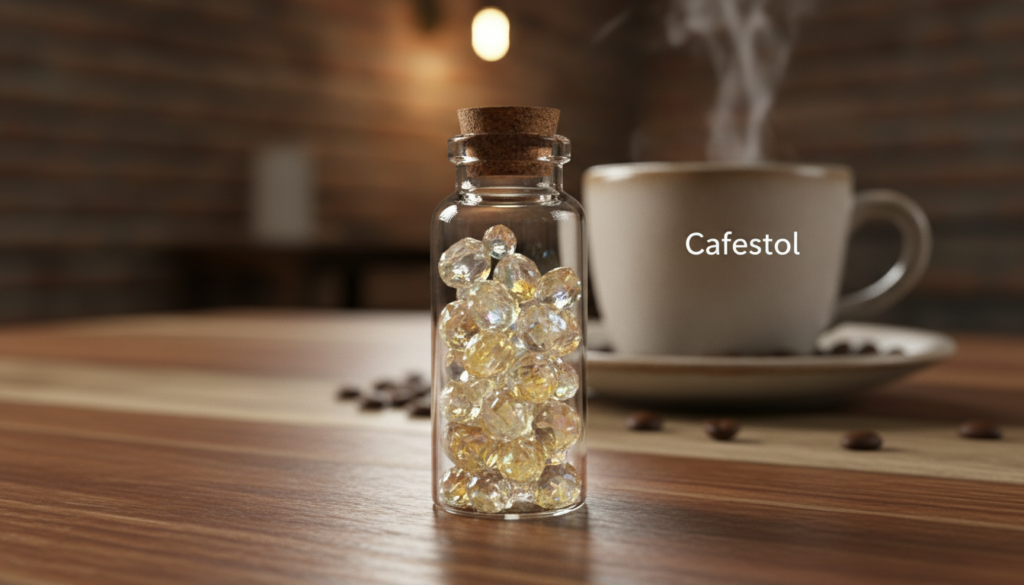A close-up shot of cafestol crystals shimmering in a glass vial, placed prominently in the foreground. The vial should be on a wooden table, reflecting warm, natural tones of rich brown and cream to evoke a coffee house atmosphere. In the middle background, a steaming cup of dark coffee sits on a rustic saucer, surrounded by scattered coffee beans, emphasizing the connection to coffee oils. Soft, diffused lighting highlights the textures and colors, creating a cozy, inviting mood. The scene is captured with a shallow depth of field, drawing focus to the cafestol while gently blurring the coffee cup and beans, enhancing the intimate and informative nature of the image.
