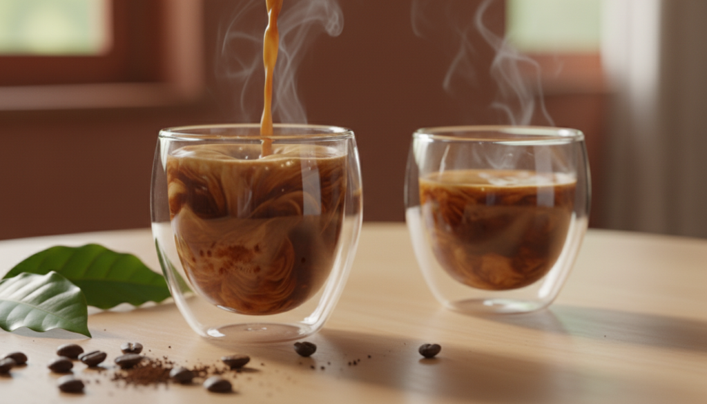 A close-up shot of freshly brewed coffee pouring into a clear glass cup, revealing rich swirling colors and textures. The foreground features delicate coffee beans scattered artistically, emphasizing the extraction process. In the middle ground, a steaming cup of coffee sits on a light wooden table, with subtle reflections on the surface, inviting the viewer to appreciate the beverage. The background is softly blurred with warm, soft lighting, creating an inviting and cozy atmosphere that highlights the complexity of coffee flavors. A few green coffee plant leaves peek into the frame, suggesting freshness and origin. The overall mood is warm and inviting, with a focus on the coffee’s rich brown tones, symbolizing its depth and nuances. A close-up shot of freshly brewed coffee pouring into a clear glass cup, revealing rich swirling colors and textures. The foreground features delicate coffee beans scattered artistically, emphasizing the extraction process. In the middle ground, a steaming cup of coffee sits on a light wooden table, with subtle reflections on the surface, inviting the viewer to appreciate the beverage. The background is softly blurred with warm, soft lighting, creating an inviting and cozy atmosphere that highlights the complexity of coffee flavors. A few green coffee plant leaves peek into the frame, suggesting freshness and origin. The overall mood is warm and inviting, with a focus on the coffee’s rich brown tones, symbolizing its depth and nuances.