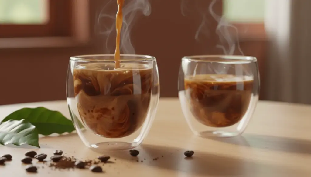 A close-up shot of freshly brewed coffee pouring into a clear glass cup, revealing rich swirling colors and textures. The foreground features delicate coffee beans scattered artistically, emphasizing the extraction process. In the middle ground, a steaming cup of coffee sits on a light wooden table, with subtle reflections on the surface, inviting the viewer to appreciate the beverage. The background is softly blurred with warm, soft lighting, creating an inviting and cozy atmosphere that highlights the complexity of coffee flavors. A few green coffee plant leaves peek into the frame, suggesting freshness and origin. The overall mood is warm and inviting, with a focus on the coffee’s rich brown tones, symbolizing its depth and nuances.