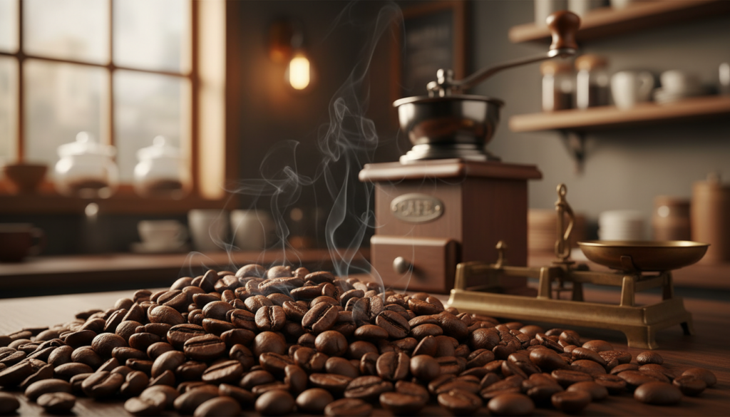 A close-up shot of freshly roasted coffee beans in a rustic, warm-toned environment, showcasing delicate wisps of carbon dioxide escaping from the surface of the beans. In the foreground, a few beans are cracked open, revealing their rich, dark interior and subtle steam rising, symbolizing the degassing process. The middle ground features a soft-focus coffee grinder and a measuring scale, subtly indicating the next steps in brewing. The background is blurred with hints of a cozy coffee shop ambiance, including wooden shelves and soft, ambient lighting. The mood conveys warmth and anticipation, inviting the viewer into the world of coffee preparation and the intricate role of degassing in flavor extraction.