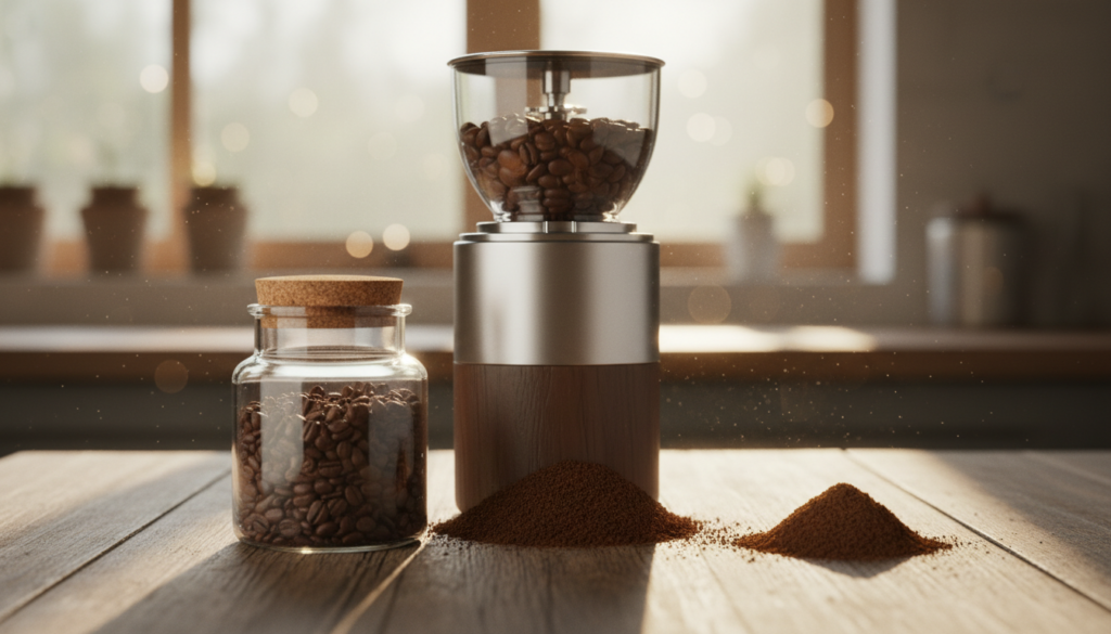 A close-up view of a beautifully arranged coffee grinder surrounded by various coffee bean grind sizes. In the foreground, display a clear jar filled with coarsely ground coffee, next to finely ground coffee on a wooden table. In the middle, a sleek, modern coffee grinder sits stylishly, with some freshly ground coffee scattered around it. In the background, soft morning light filters through a window, casting gentle shadows and creating an inviting atmosphere. Captivating bokeh effects highlight the rich textures of the coffee grounds and the mechanical details of the grinder. The mood is warm and inspiring, emphasizing the importance of consistency in coffee preparation and the potential for better flavor.