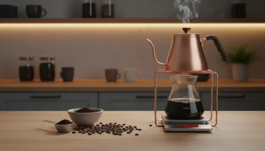 A close-up view of a clean, modern coffee setup featuring a transparent glass coffee carafe filled with rich, dark coffee, resting on a sleek wooden countertop. The foreground should showcase a measuring scale with freshly ground coffee beans next to it, emphasizing the coffee-to-water ratio concept. In the middle, a sturdy kettle with steam rising, ready to pour boiling water into the carafe. The background should feature soft, ambient kitchen lighting that creates a warm and inviting atmosphere, with blurred shelves holding coffee accessories. Use a shallow depth of field to draw attention to the coffee and equipment, while maintaining a cozy, professional vibe.
