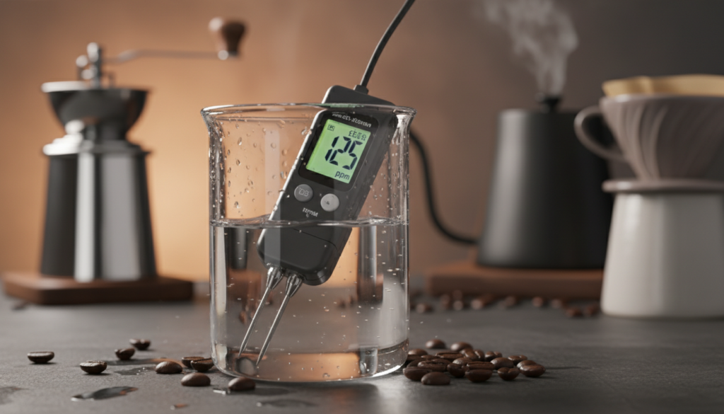A close-up view of a clear glass beaker filled with water, showcasing a precise TDS meter displaying a measurement of total dissolved solids (ppm). The background features a blurred coffee brewing setup, with a coffee grinder and steaming kettle creating an inviting atmosphere. Soft, warm lighting enhances the scene, casting gentle reflections on the glass beaker. Surrounding the beaker, delicate coffee beans and scattered water droplets add texture. The overall mood is scientific yet cozy, illustrating the crucial role of water chemistry in coffee flavor. The scene is expertly captured from a slightly elevated angle, emphasizing the TDS meter’s detail without any text or distractions.