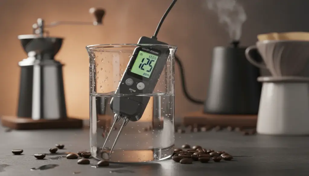 A close-up view of a clear glass beaker filled with water, showcasing a precise TDS meter displaying a measurement of total dissolved solids (ppm). The background features a blurred coffee brewing setup, with a coffee grinder and steaming kettle creating an inviting atmosphere. Soft, warm lighting enhances the scene, casting gentle reflections on the glass beaker. Surrounding the beaker, delicate coffee beans and scattered water droplets add texture. The overall mood is scientific yet cozy, illustrating the crucial role of water chemistry in coffee flavor. The scene is expertly captured from a slightly elevated angle, emphasizing the TDS meter’s detail without any text or distractions.