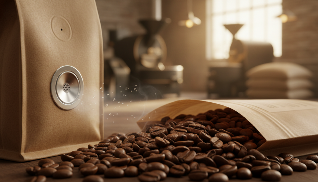 A close-up view of a coffee bag illustrating the concept of degassing. In the foreground, a one-way degassing valve is prominently featured, showcasing its sleek design and functioning mechanism release of gas, with small bubbles rising to emphasize the freshness of roasted coffee. The middle ground includes a slightly opened bag of freshly roasted coffee beans, with rich brown tones and glossy sheen, casting soft shadows. In the background, a blurred coffee roastery setting with warm lighting, highlighting the atmosphere of artisanal coffee production. The overall mood conveys a sense of freshness and innovation, with a shallow depth of field to draw focus on the valve, captured with a macro lens for intricate detail and clarity.