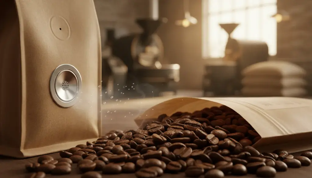 A close-up view of a coffee bag illustrating the concept of degassing. In the foreground, a one-way degassing valve is prominently featured, showcasing its sleek design and functioning mechanism release of gas, with small bubbles rising to emphasize the freshness of roasted coffee. The middle ground includes a slightly opened bag of freshly roasted coffee beans, with rich brown tones and glossy sheen, casting soft shadows. In the background, a blurred coffee roastery setting with warm lighting, highlighting the atmosphere of artisanal coffee production. The overall mood conveys a sense of freshness and innovation, with a shallow depth of field to draw focus on the valve, captured with a macro lens for intricate detail and clarity.