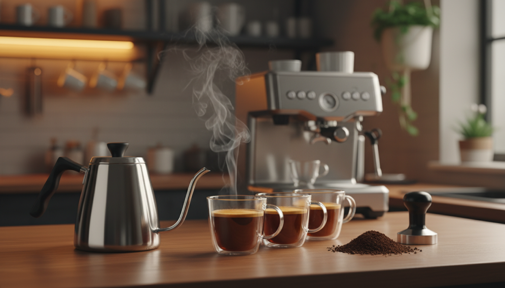 A close-up view of a coffee brewing setup, showcasing a sleek, modern espresso machine on a wooden countertop. The foreground features a stainless steel coffee kettle, with steam rising elegantly, suggesting the ideal brewing temperature of 195°F to 205°F. In the middle, freshly ground coffee beans are placed next to the kettle, and delicate coffee cup displays are filled with brewed coffee, showcasing rich brown tones. The background softly blurs out, revealing a cozy kitchen ambiance with warm lighting, highlighting the inviting atmosphere of coffee preparation. Use a shallow depth of field to focus on the coffee and kettle, creating a professional yet warm mood. The overall composition should convey the precision and passion of coffee brewing at the perfect temperature, without any text or distractions.