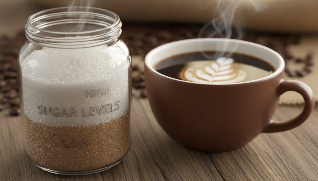 A close-up view of a coffee cup filled with dark roasted coffee, showcasing an array of sugar levels in a visually appealing manner. In the foreground, a clear, elegant glass jar with sugar granules of varying sizes, labeled from low to high sugar content, contrasting against the rich brown of the coffee. In the middle ground, a steaming cup of coffee sits on a wooden table, with a delicate swirl of cream mingling at the surface, reflecting natural light. In the background, soft-focus coffee beans scattered around enhance the organic coffee theme, creating a warm, inviting atmosphere. Utilize soft, natural lighting with a shallow depth of field to emphasize the textures of the sugar and coffee. Overall, evoke a sense of richness and warmth, highlighting the unique characteristics of roasted coffee without artificial enhancement.