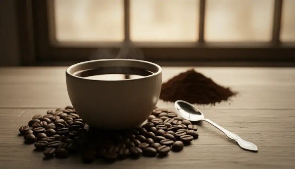 A close-up view of a coffee cup with dark, rich liquid reflecting light, positioned on a wooden table. The foreground features a delicate and artistic arrangement of coffee beans scattered around the cup and a small spoon placed elegantly beside it. The middle background captures a blurred coffee grind texture, suggesting depth and richness, while the rear showcases soft, warm light filtering through a rustic café window, creating a cozy atmosphere. The overall scene conveys a sense of warmth and contemplation, emphasizing the complex flavors and the perception of bitterness. Use soft focus for a dreamy effect, and incorporate ambient lighting to enhance the inviting mood of the setting.