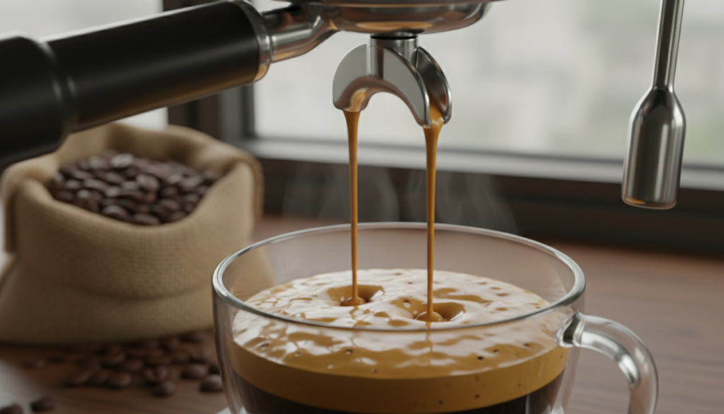 A close-up view of a high-quality espresso machine in action, showcasing the espresso extraction flow. The foreground features a shiny chrome portafilter with fine coffee grounds, and rich, dark espresso cascades from the spout in a golden, syrupy stream. In the middle, delicate crema forms on top of the espresso, capturing details of bubbles and texture. The background displays softly blurred coffee beans and an elegant café setting, creating a warm, inviting atmosphere with ambient lighting that highlights the espresso's glossy surface. The angle is slightly tilted to emphasize the fluidity of the extraction, evoking a sense of precision and craft in coffee brewing.