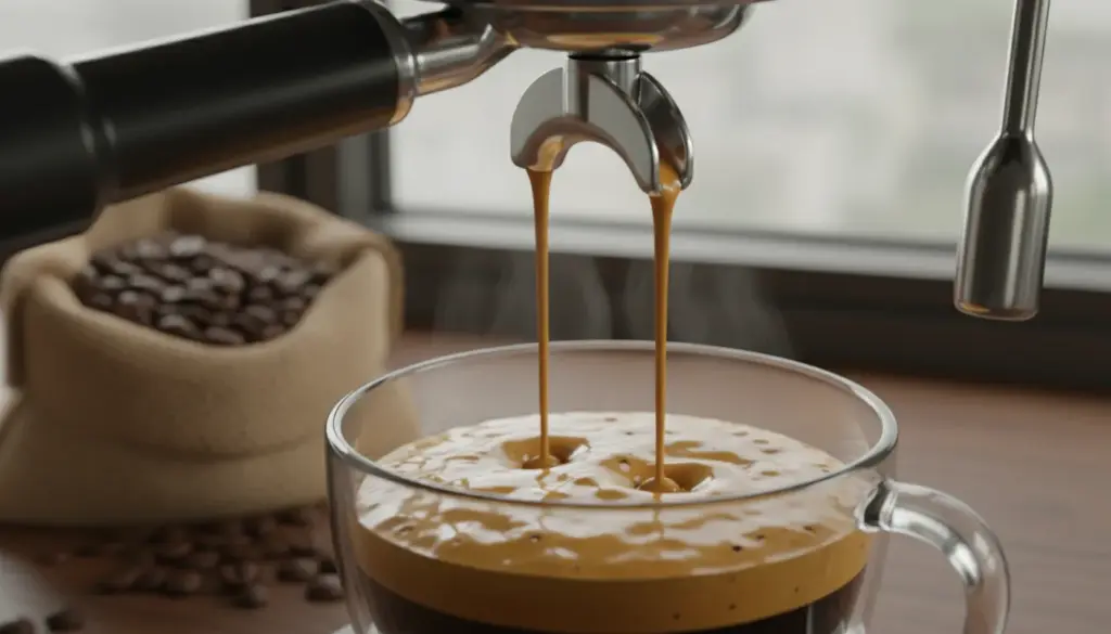 A close-up view of a high-quality espresso machine in action, showcasing the espresso extraction flow. The foreground features a shiny chrome portafilter with fine coffee grounds, and rich, dark espresso cascades from the spout in a golden, syrupy stream. In the middle, delicate crema forms on top of the espresso, capturing details of bubbles and texture. The background displays softly blurred coffee beans and an elegant café setting, creating a warm, inviting atmosphere with ambient lighting that highlights the espresso's glossy surface. The angle is slightly tilted to emphasize the fluidity of the extraction, evoking a sense of precision and craft in coffee brewing.