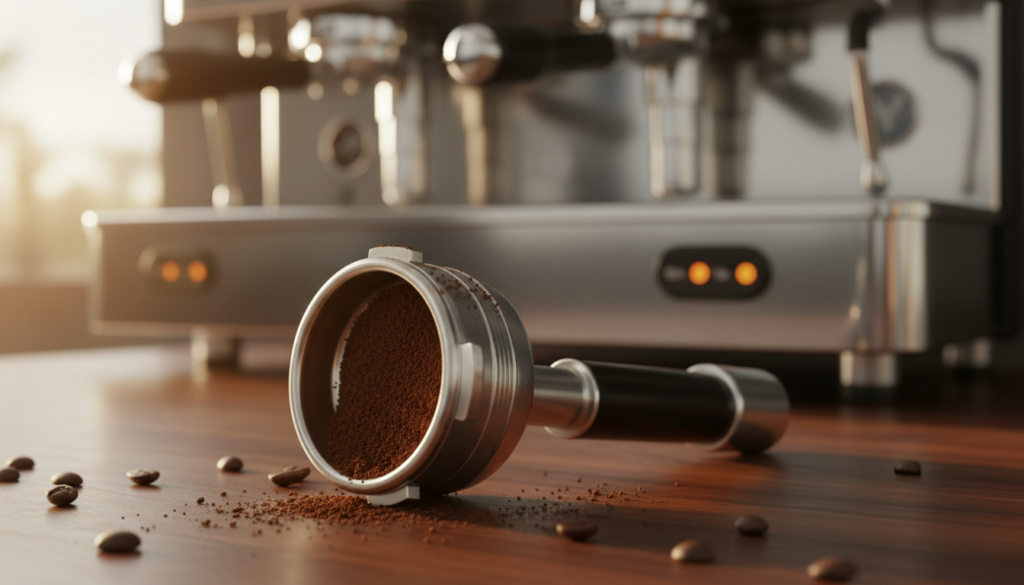 A close-up view of a high-quality stainless steel basket portafilter, elegantly resting on a polished wooden countertop. The portafilter features a distinct ridged design and is filled with freshly ground coffee, showcasing a deep brown color and a slightly mottled texture. In the background, softly blurred, there’s an espresso machine with warm lights reflecting off its metallic surfaces, enhancing the cozy café atmosphere. A few scattered coffee beans add a rustic touch to the scene. The lighting is warm and inviting, mimicking the golden glow of early morning. The composition should be shot from a low angle, emphasizing the details of the portafilter while creating an intimate setting that highlights the art of espresso preparation.