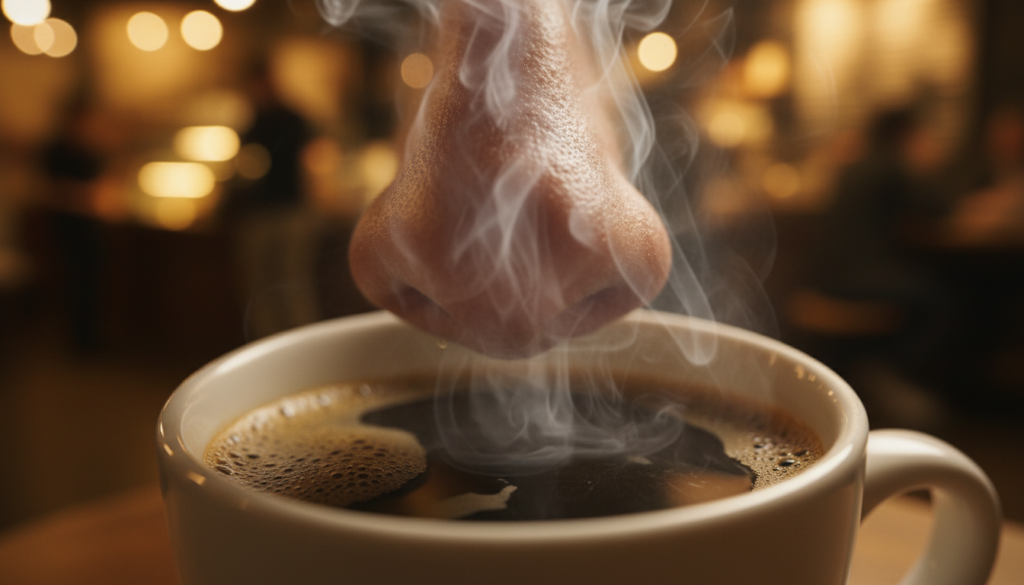 A close-up view of a human nose, highlighted in the foreground, intricately detailed to emphasize the texture and structure of the nostrils. In the middle ground, a steaming cup of coffee is visible, exuding aromatic wisps that swirl upward, symbolizing the complex relationship between smell and taste. The background features a softly blurred coffee shop ambiance, with warm, inviting lighting that casts a cozy glow, creating an intimate atmosphere. Use a shallow depth of field to focus on the nose and the coffee, capturing the essence of retronasal olfaction. The overall mood should evoke curiosity and a sensory exploration, inviting viewers to consider the unseen yet impactful role of smell in flavor perception.