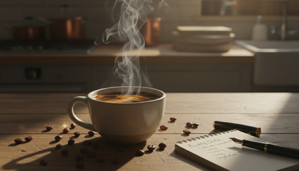A close-up view of a steaming cup of coffee on a wooden table, with warm, inviting lighting creating a cozy atmosphere. In the foreground, the rich, dark liquid filled cup shows subtle hints of light reflecting off its surface. Surrounding the cup, strategically placed are colorful coffee beans and a small, open notebook with notes about acidity and caffeine sensitivity. In the background, a light blur of a well-organized kitchen adds depth, hinting at a homey environment. Soft, natural light streams in from a nearby window, casting gentle shadows that enhance the warm feeling of the scene. The mood is contemplative and informative, encapsulating the essence of examining coffee's effects on the stomach.