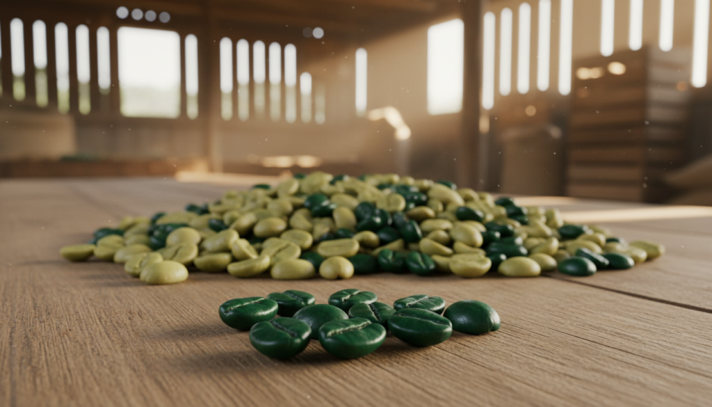 A close-up view of a variety of green coffee beans displayed on a wooden surface, showcasing their texture and color variations. In the foreground, focus on a handful of glossy beans, emphasizing their unique shapes and slight sheen. In the middle ground, arrange a small pile of beans, contrasting different shades of green and hints of yellowish undertones that indicate different moisture levels. The background features a soft-focus setting resembling a rustic coffee processing facility with warm, natural lighting filtering through wooden beams, creating a cozy atmosphere. The scene conveys a sense of freshness and agricultural authenticity, inviting viewers to appreciate the importance of moisture content in green coffee beans.